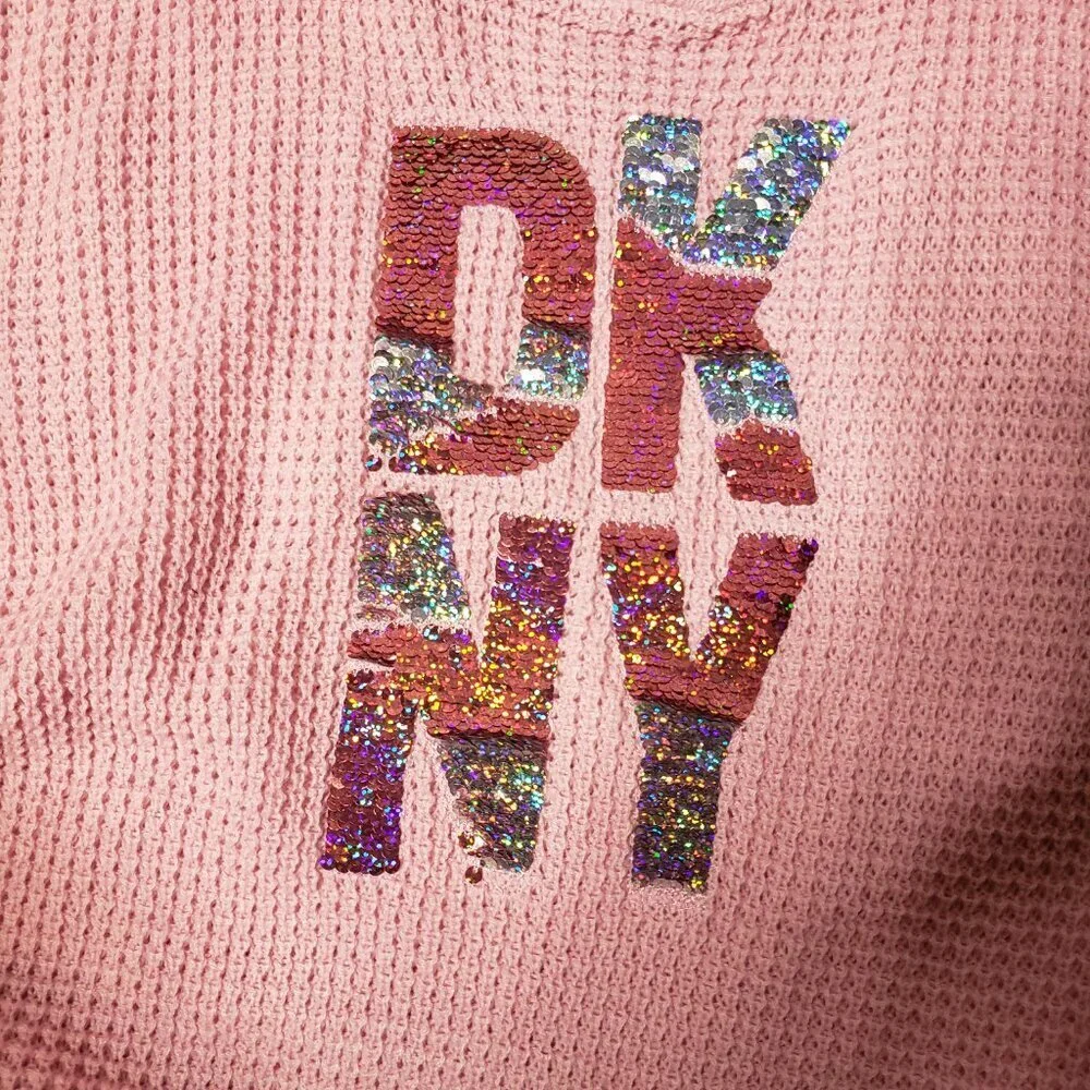 DKNY Girls Sz L Pink Flip Sequin Knit Hoodie Sweater(1486)